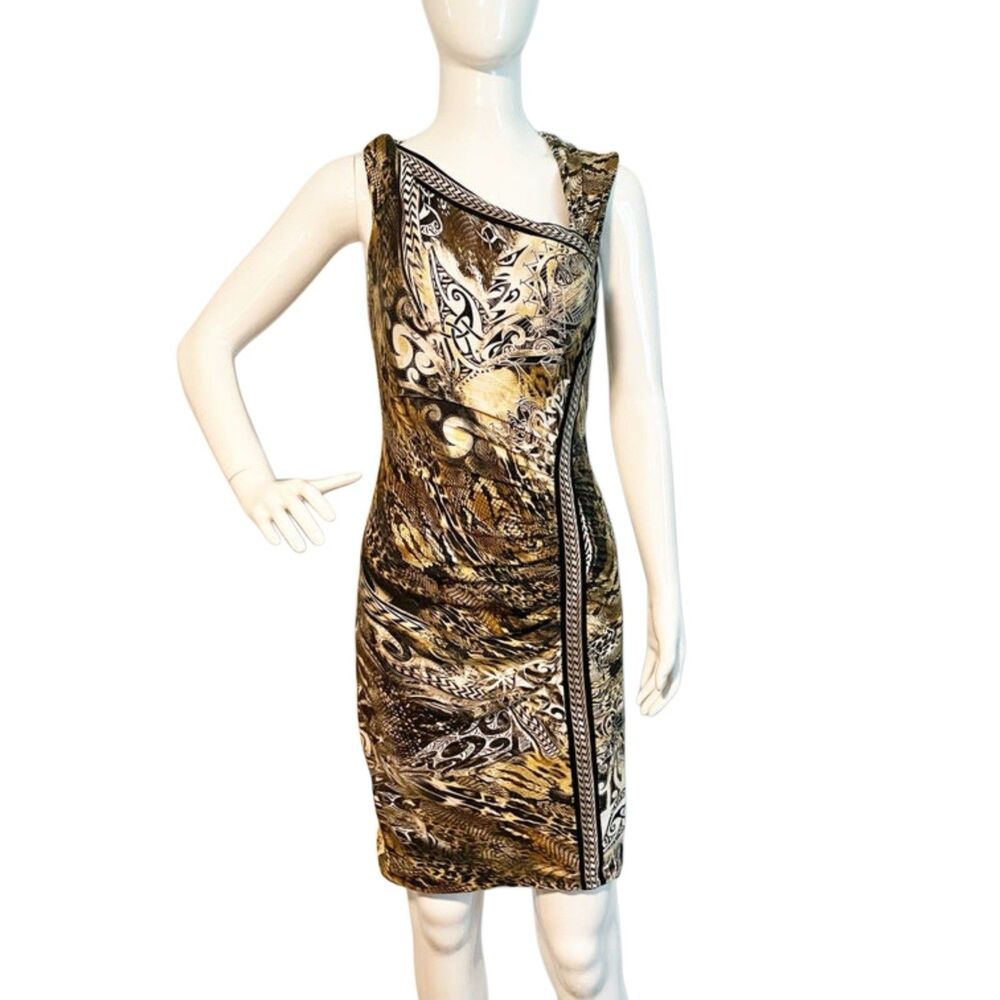 Vintage Cache Dress Women's Medium Black Brown Bodycon Animal Print Ruched Sexy